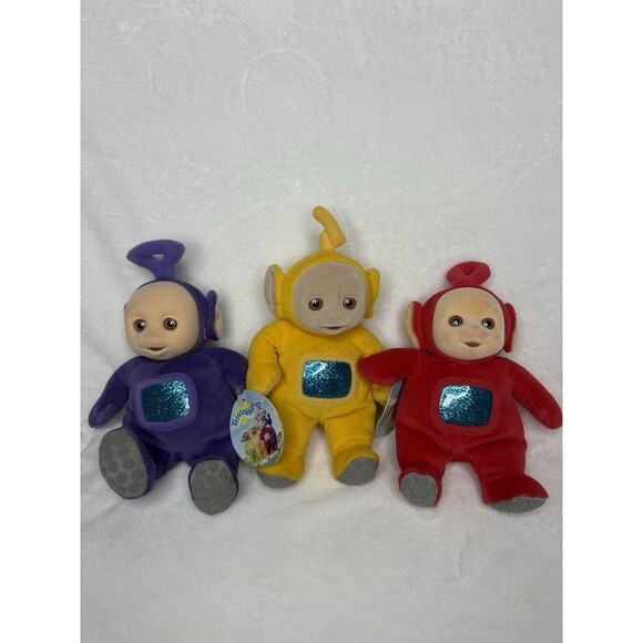 1998 Eden Teletubbies Bean Plush Doll Tinky Winky Po With Tags NOS Set Of 3 - Picture 1 of 9